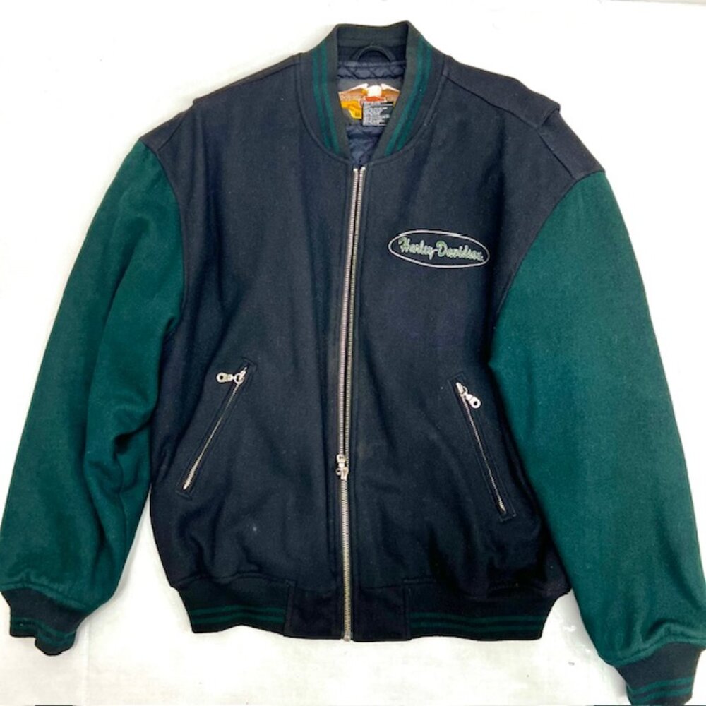 USA Harley Davidson Wool Quilt Bomber Jacket Mens M green Balck Full Zip (J94) - Picture 3 of 10